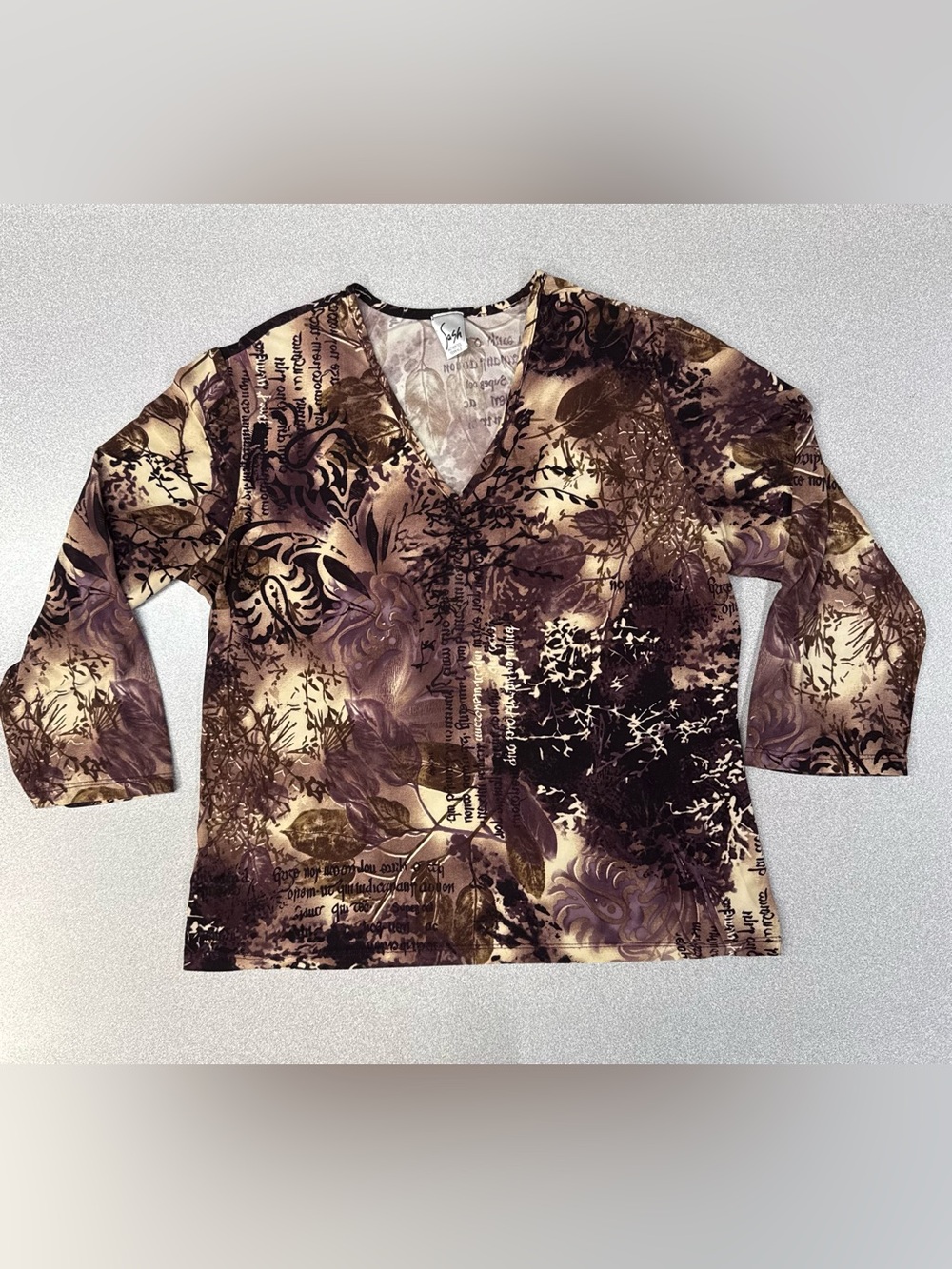 Sash Brown Abstract Text Allover Graphic Tattoo Print 3/4 Sleeve Y2K Top Blouse